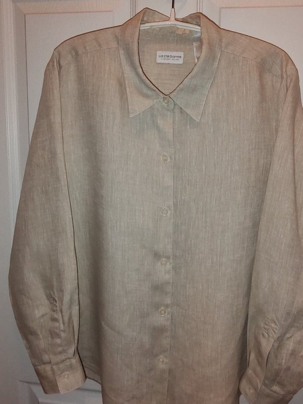 LIZ CLAIBORNE LINEN BLOUSE BEIGE LS BUTTON FRONT & CUFF RELAXED FIT PETITE LARGE